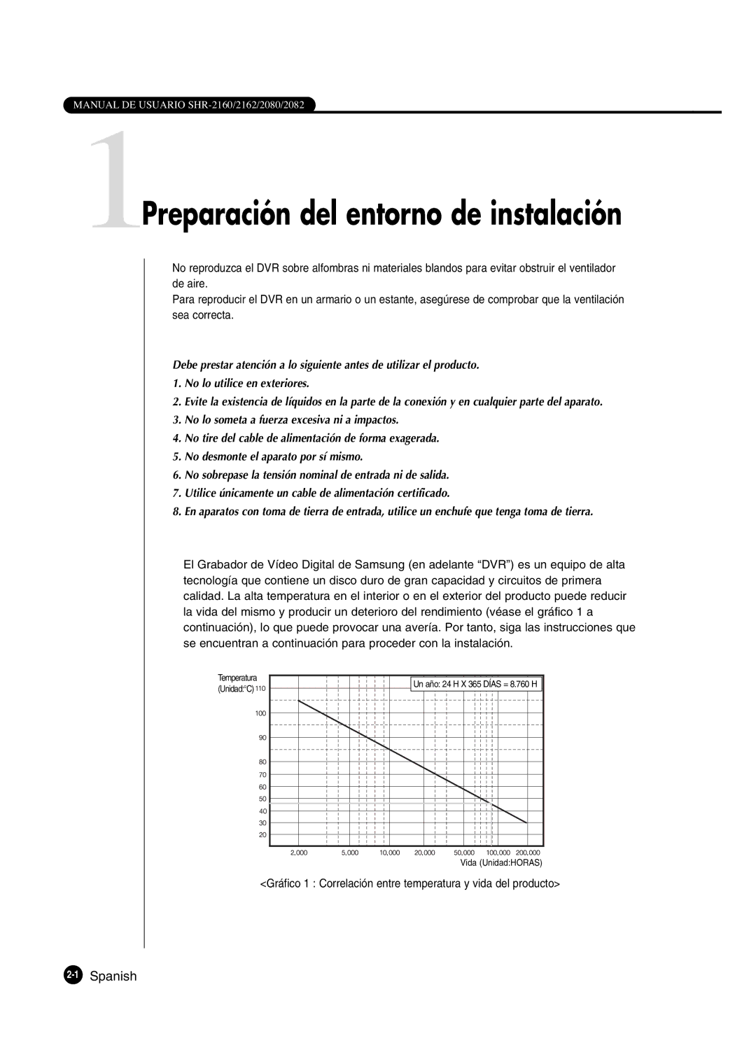 Samsung SHR-2160P/XEC 1Preparación del entorno de instalación, Gráfico 1 Correlación entre temperatura y vida del producto 