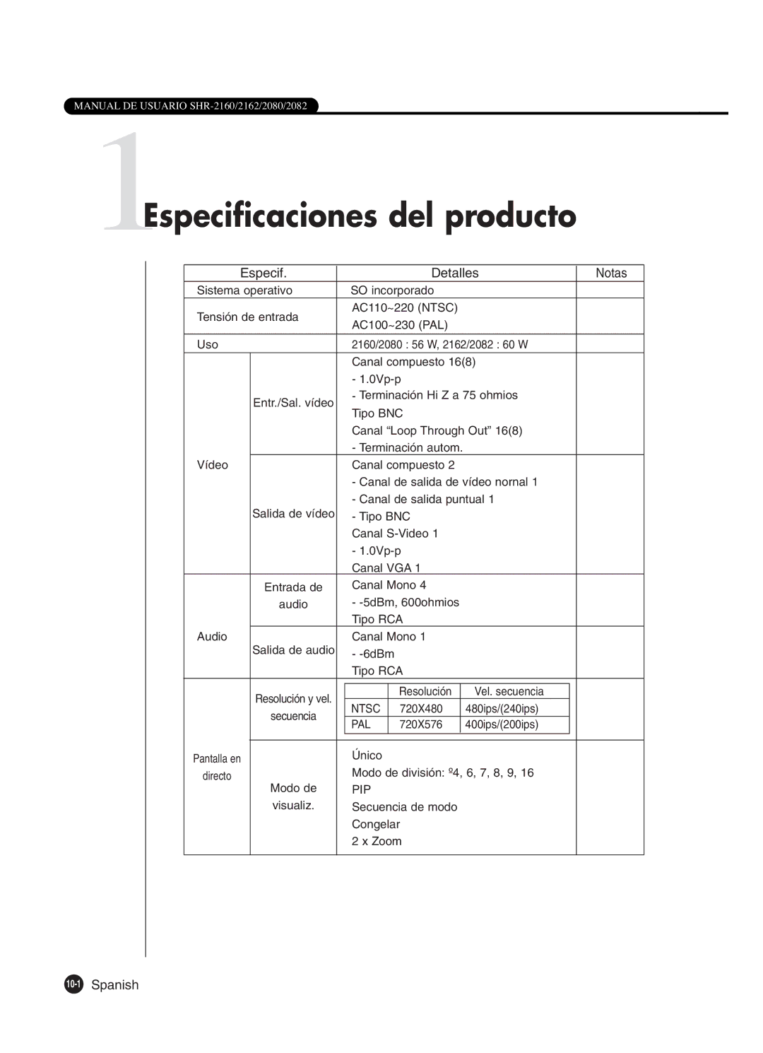 Samsung SHR-2162P, SHR-2160P2/XEC, SHR-2160P/XEC 1Especificaciones del producto, Especif Detalles Notas, 10-1Spanish 