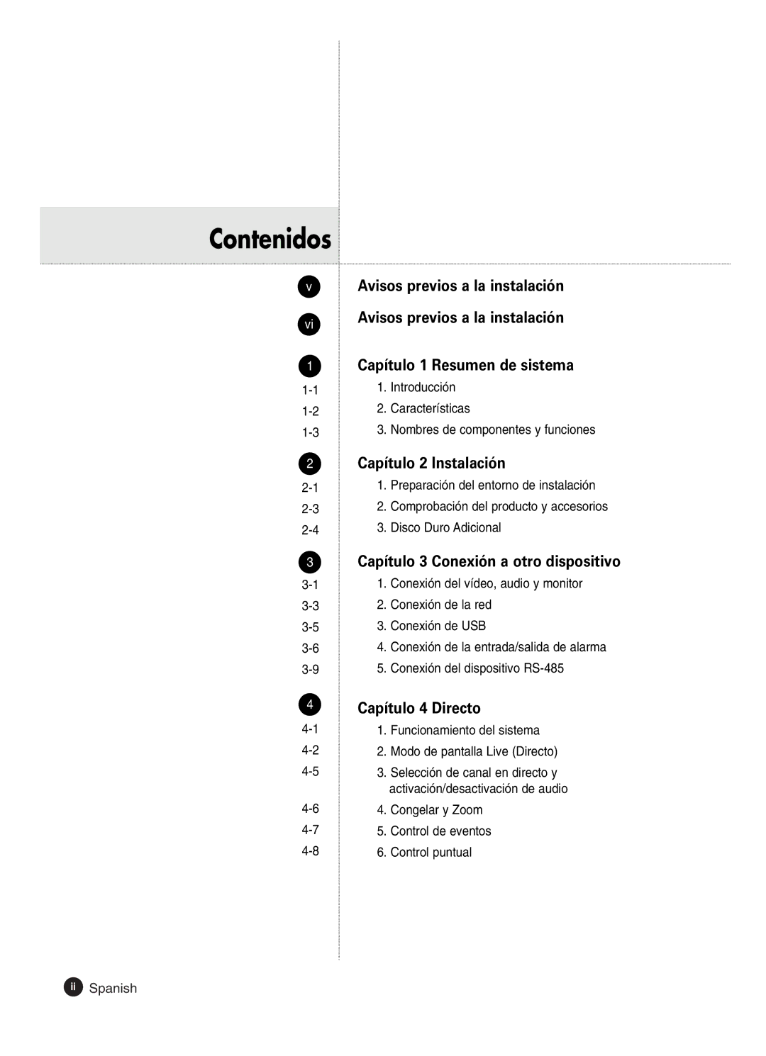 Samsung SHR-2160P2/XEC, SHR-2162P, SHR-2160P/XEC manual Contenidos, Funcionamiento del sistema Modo de pantalla Live Directo 