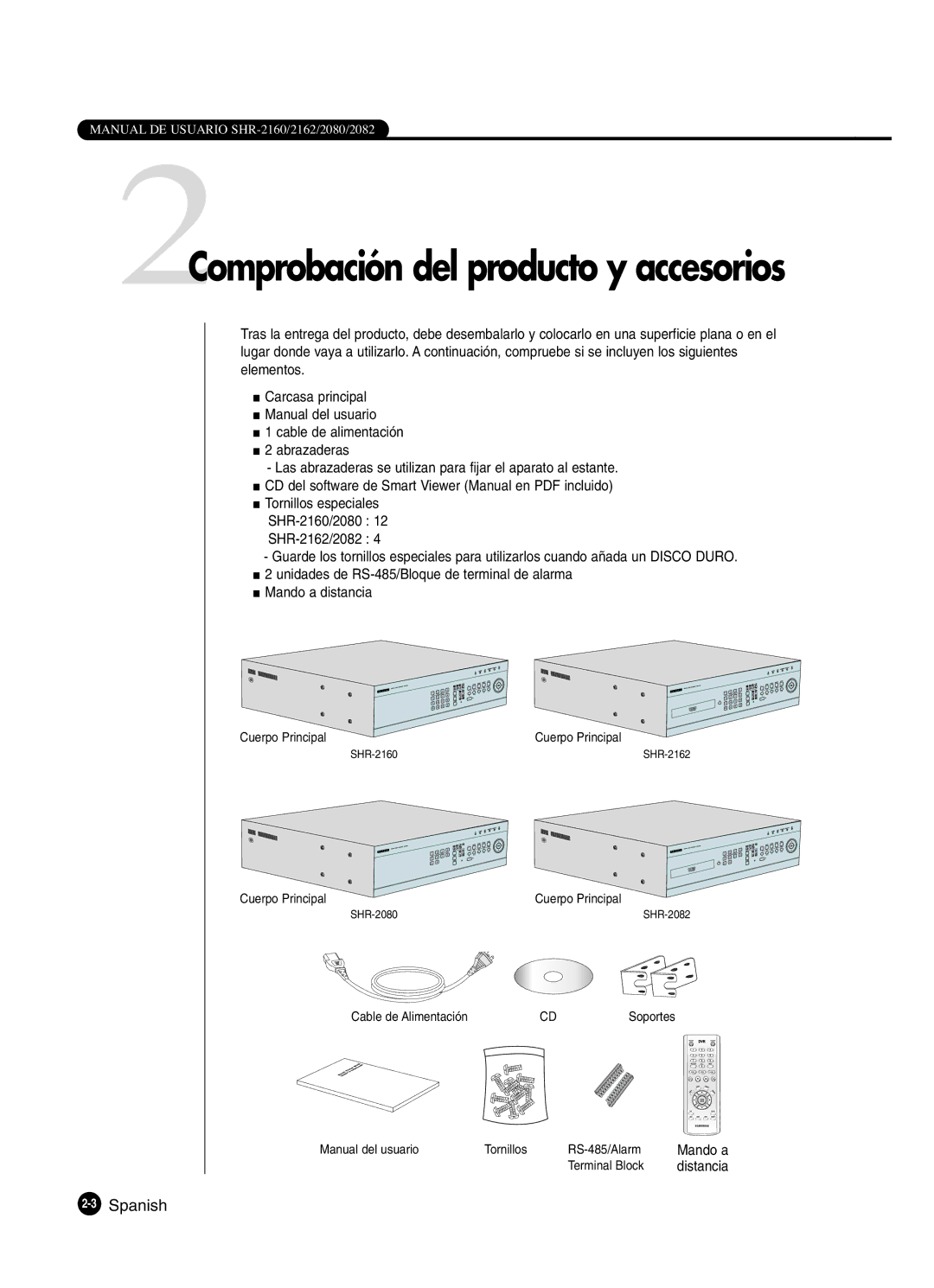 Samsung SHR-2162P, SHR-2160P2/XEC, SHR-2160P/XEC, SHR-2080P2/XEC manual 2Comprobación del producto y accesorios 