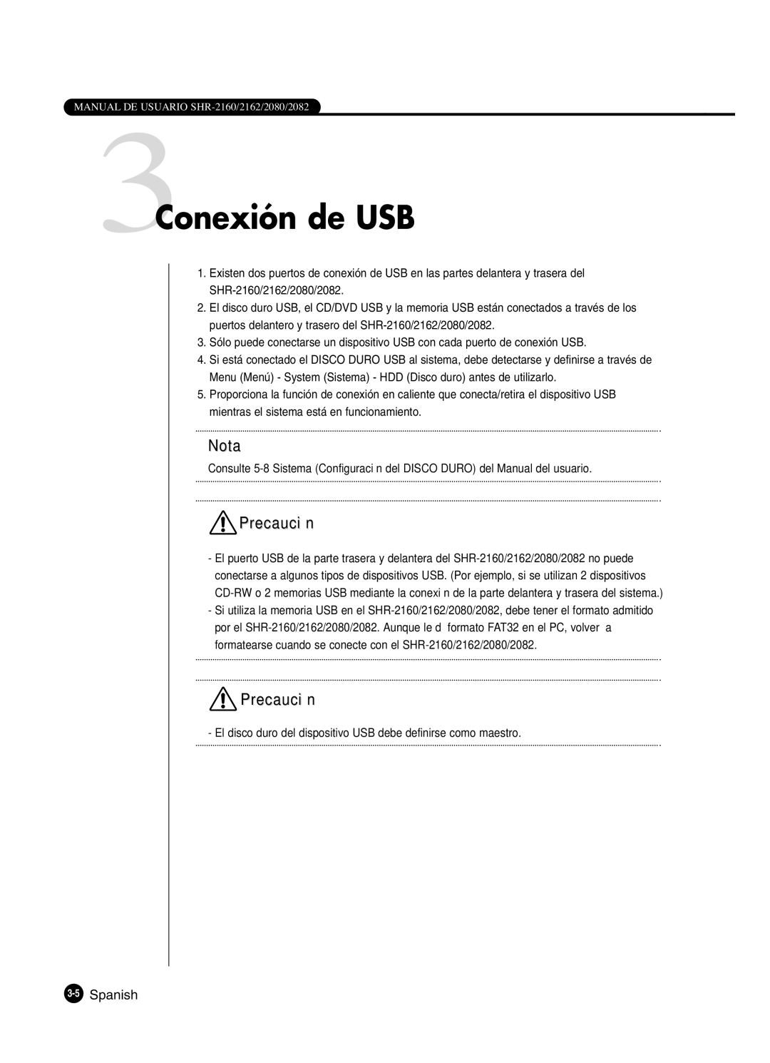 Samsung SHR-2162P, SHR-2160P2/XEC, SHR-2160P/XEC, SHR-2080P2/XEC manual 3Conexión de USB, 5Spanish 