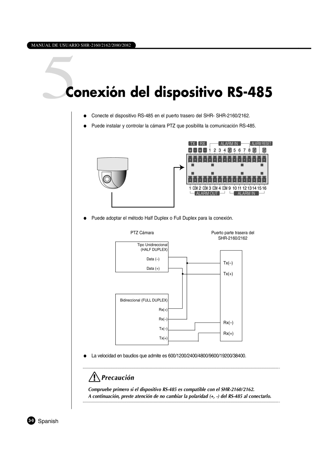 Samsung SHR-2080P2/XEC, SHR-2162P, SHR-2160P2/XEC, SHR-2160P/XEC manual 5Conexión del dispositivo RS-485, 9Spanish 