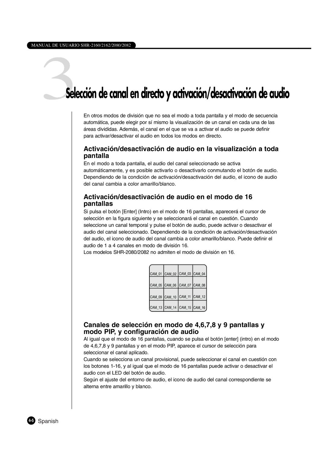 Samsung SHR-2160P2/XEC, SHR-2162P, SHR-2160P/XEC manual Activación/desactivación de audio en el modo de 16 pantallas 