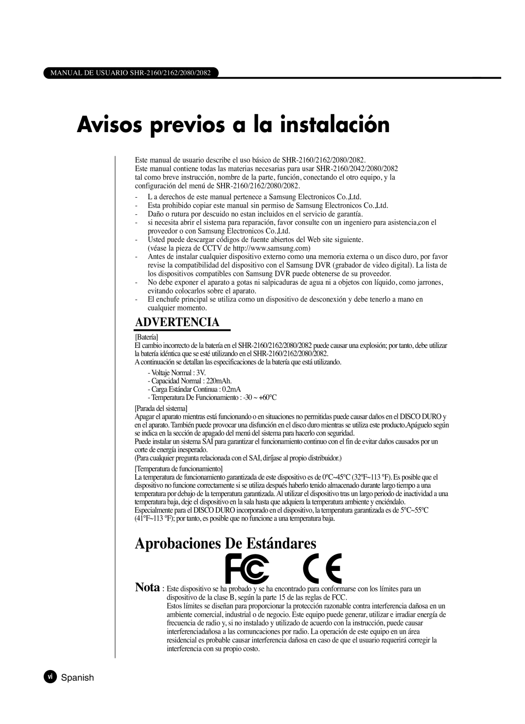 Samsung SHR-2162P, SHR-2160P2/XEC, SHR-2160P/XEC, SHR-2080P2/XEC manual Advertencia, Vi Spanish 