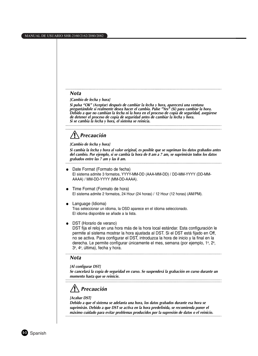 Samsung SHR-2162P, SHR-2160P2/XEC manual Date Format Formato de fecha, Time Format Formato de hora, Language Idioma 