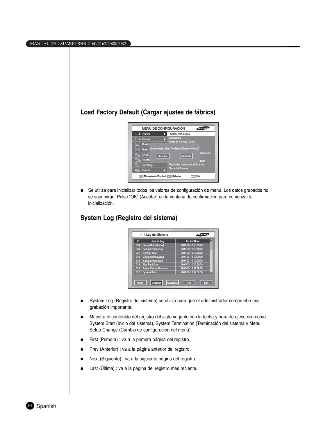 Samsung SHR-2160P2/XEC, SHR-2162P manual Load Factory Default Cargar ajustes de fábrica, System Log Registro del sistema 