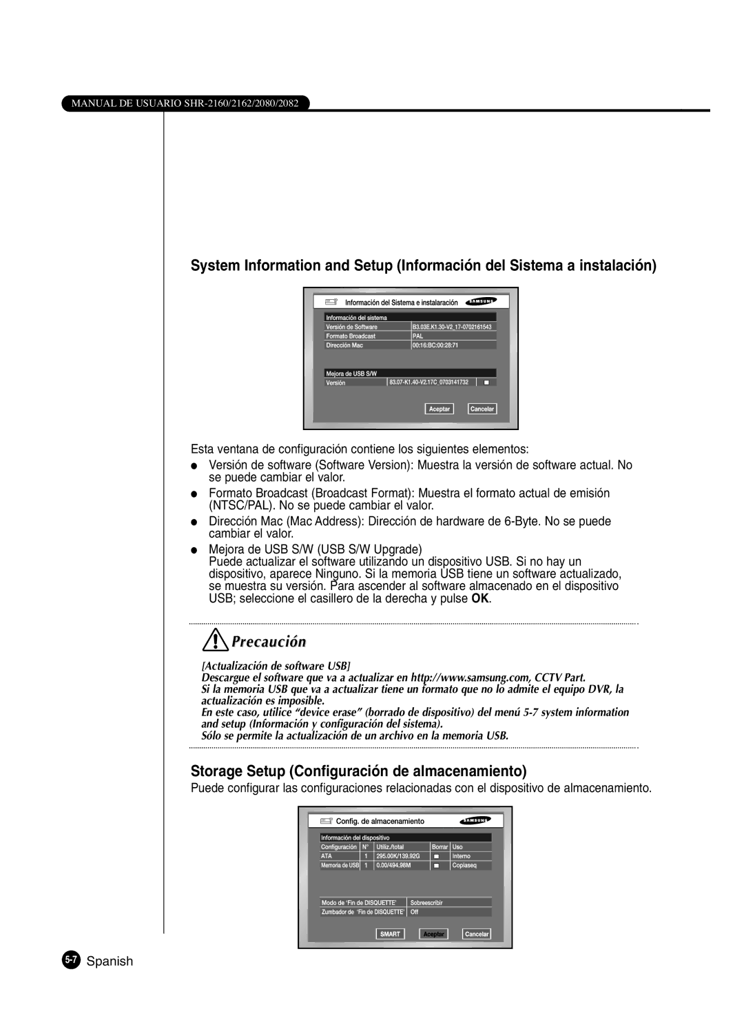 Samsung SHR-2080P2/XEC, SHR-2162P, SHR-2160P2/XEC, SHR-2160P/XEC manual Storage Setup Configuración de almacenamiento 