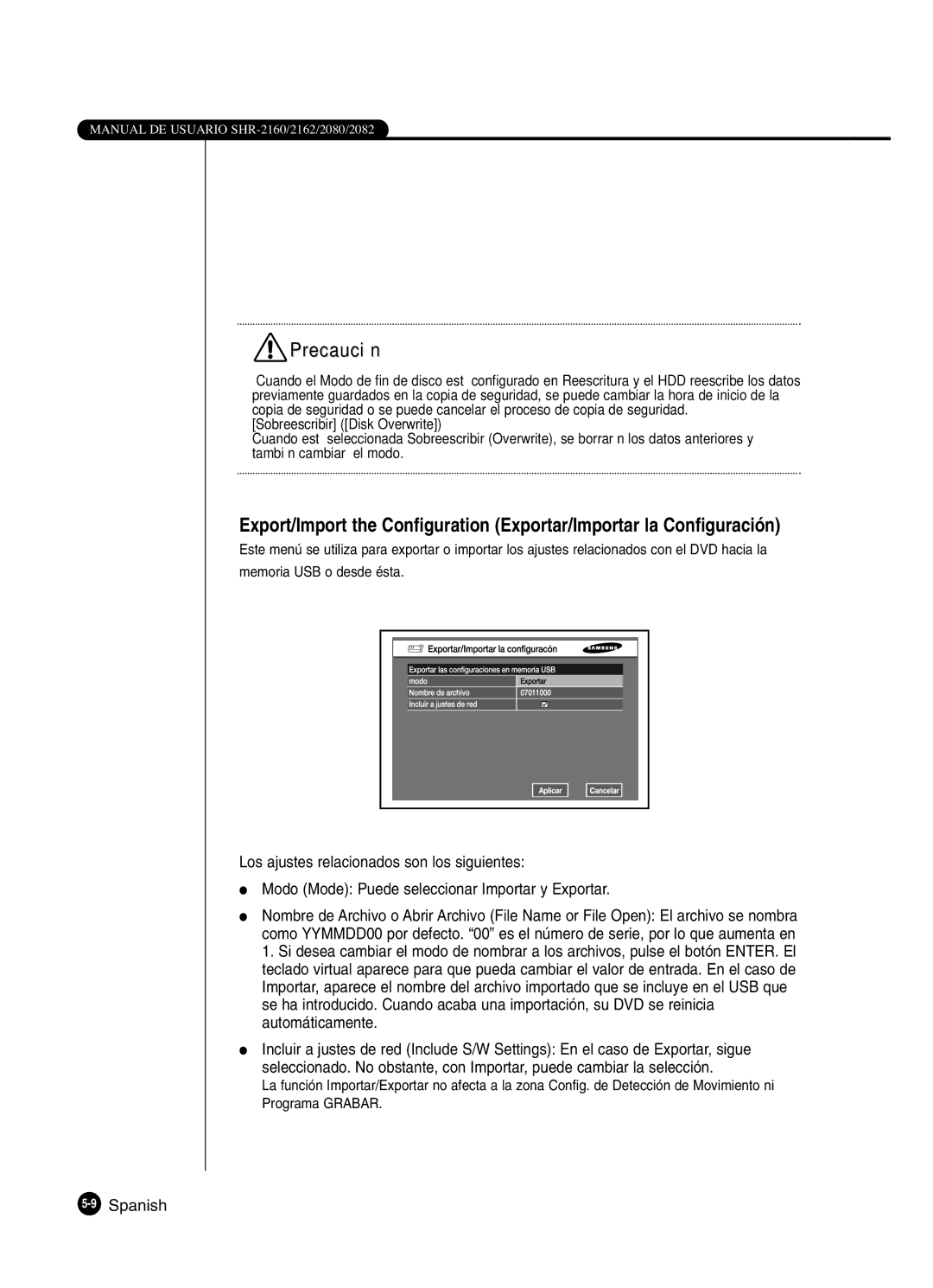 Samsung SHR-2162P, SHR-2160P2/XEC, SHR-2160P/XEC, SHR-2080P2/XEC manual 9Spanish 