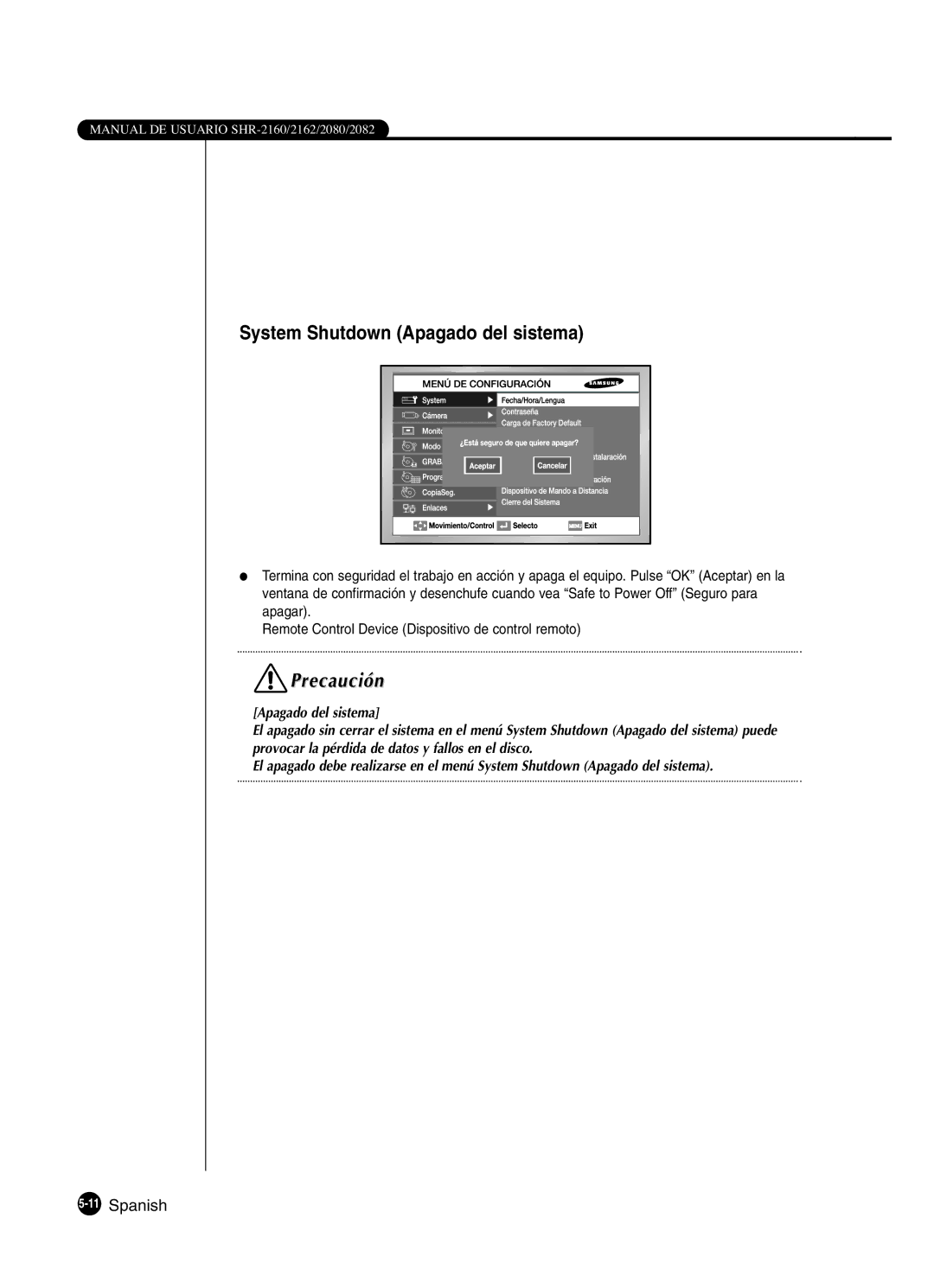 Samsung SHR-2160P/XEC, SHR-2162P, SHR-2160P2/XEC, SHR-2080P2/XEC manual System Shutdown Apagado del sistema, 11Spanish 