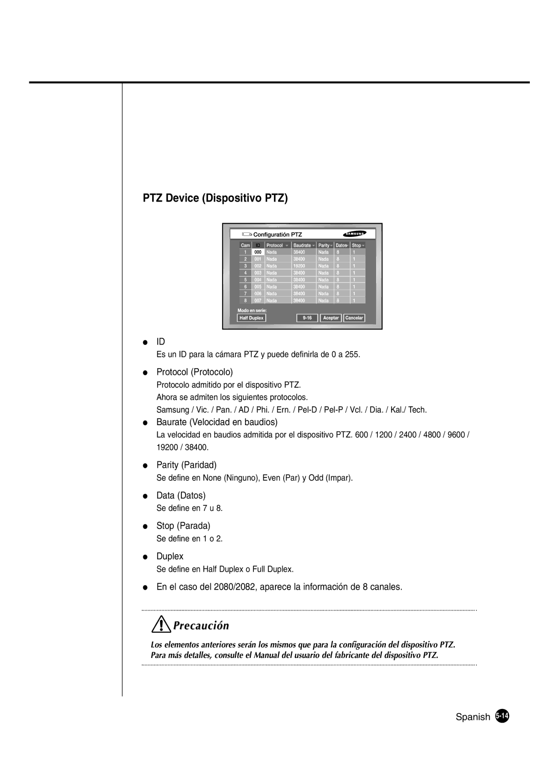 Samsung SHR-2162P, SHR-2160P2/XEC manual PTZ Device Dispositivo PTZ, Protocol Protocolo, Baurate Velocidad en baudios 