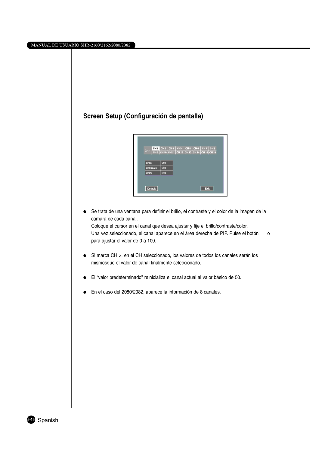 Samsung SHR-2160P2/XEC, SHR-2162P, SHR-2160P/XEC, SHR-2080P2/XEC manual Screen Setup Configuración de pantalla, 15Spanish 