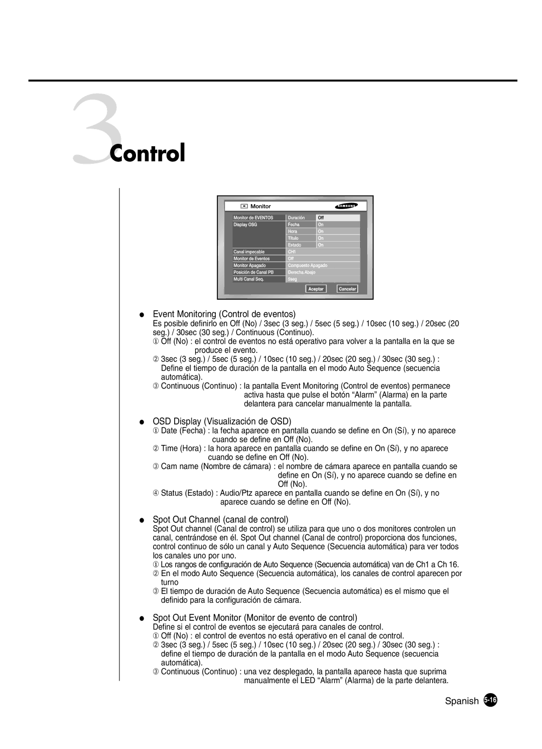 Samsung SHR-2160P/XEC, SHR-2162P manual 3Control, Event Monitoring Control de eventos, OSD Display Visualización de OSD 