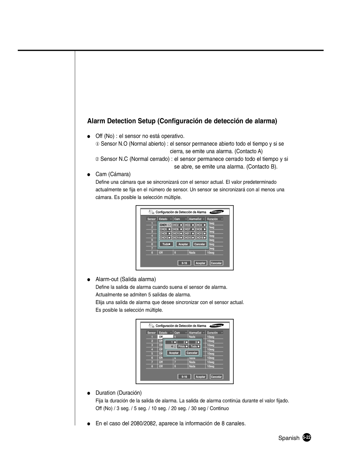 Samsung SHR-2080P2/XEC Alarm Detection Setup Configuración de detección de alarma, Off No el sensor no está operativo 