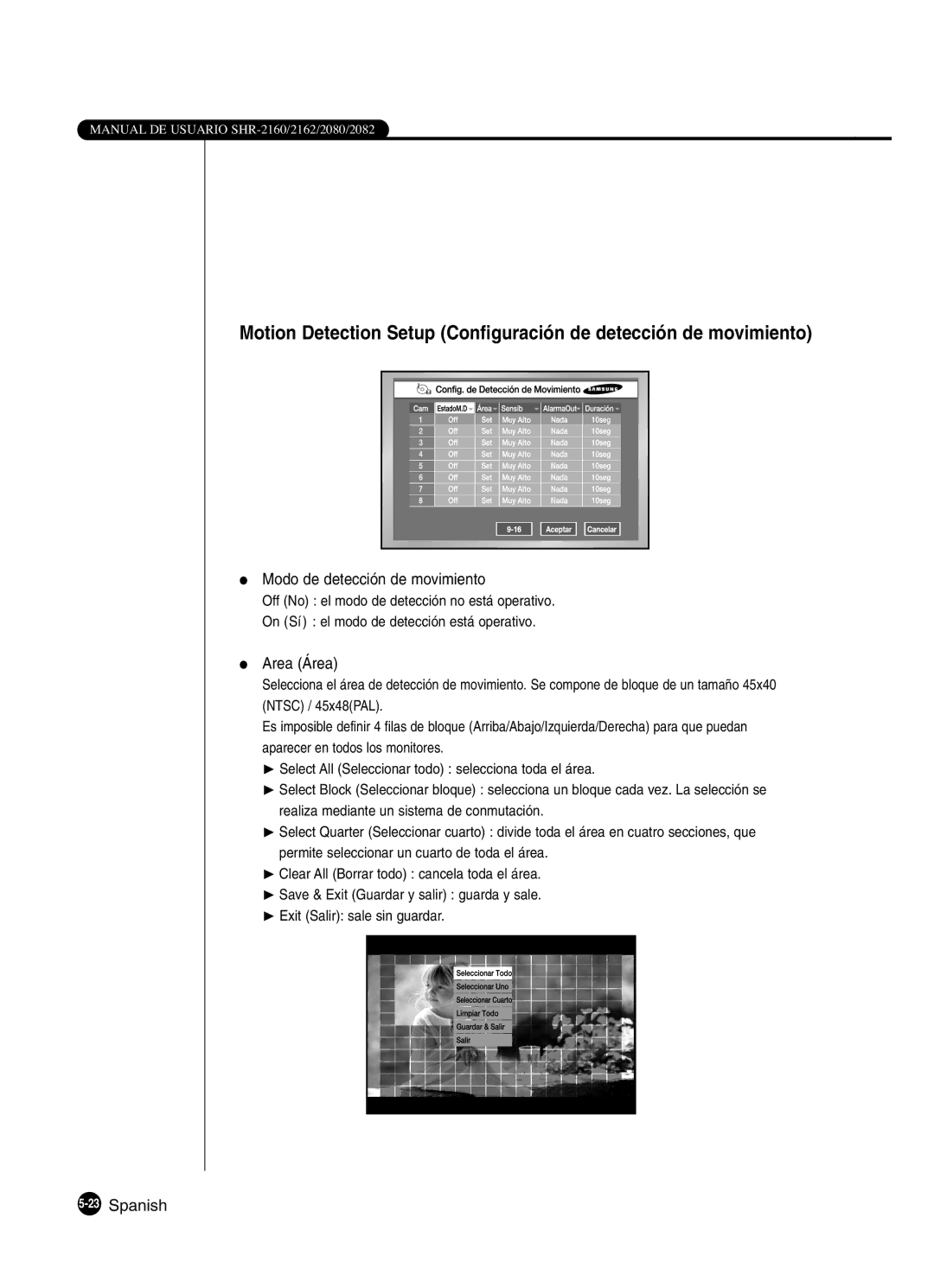 Samsung SHR-2162P, SHR-2160P2/XEC, SHR-2160P/XEC, SHR-2080P2/XEC Modo de detección de movimiento, Area Área, 23Spanish 