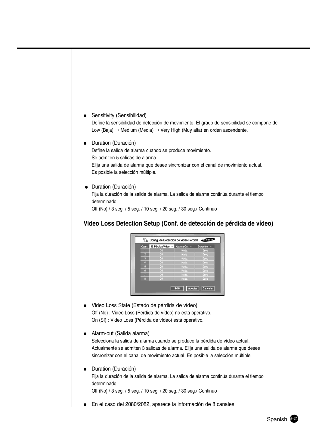 Samsung SHR-2162P, SHR-2160P2/XEC, SHR-2160P/XEC Sensitivity Sensibilidad, Video Loss State Estado de pérdida de vídeo 