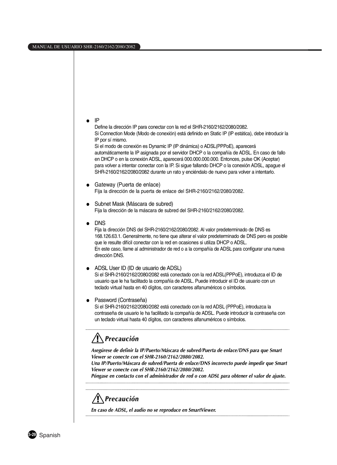 Samsung SHR-2160P Gateway Puerta de enlace, Subnet Mask Máscara de subred, Adsl User ID ID de usuario de Adsl, 29Spanish 