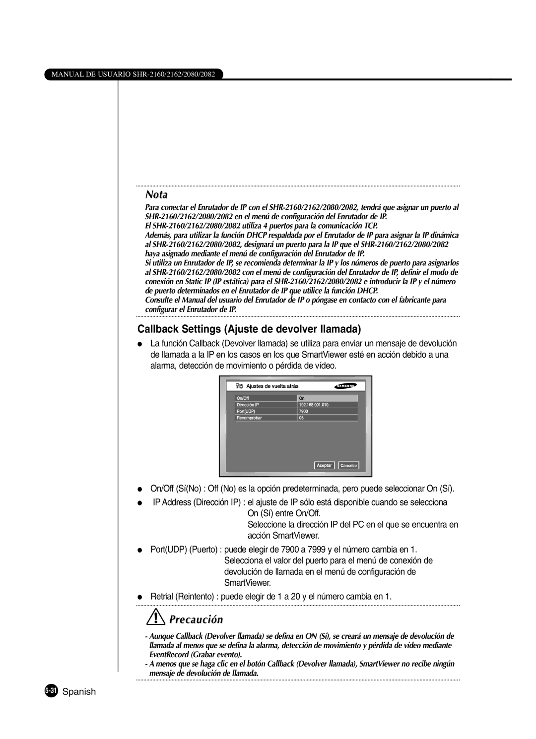 Samsung SHR-2160P/XEC, SHR-2162P, SHR-2160P2/XEC, SHR-2080P2/XEC Callback Settings Ajuste de devolver llamada, 31Spanish 