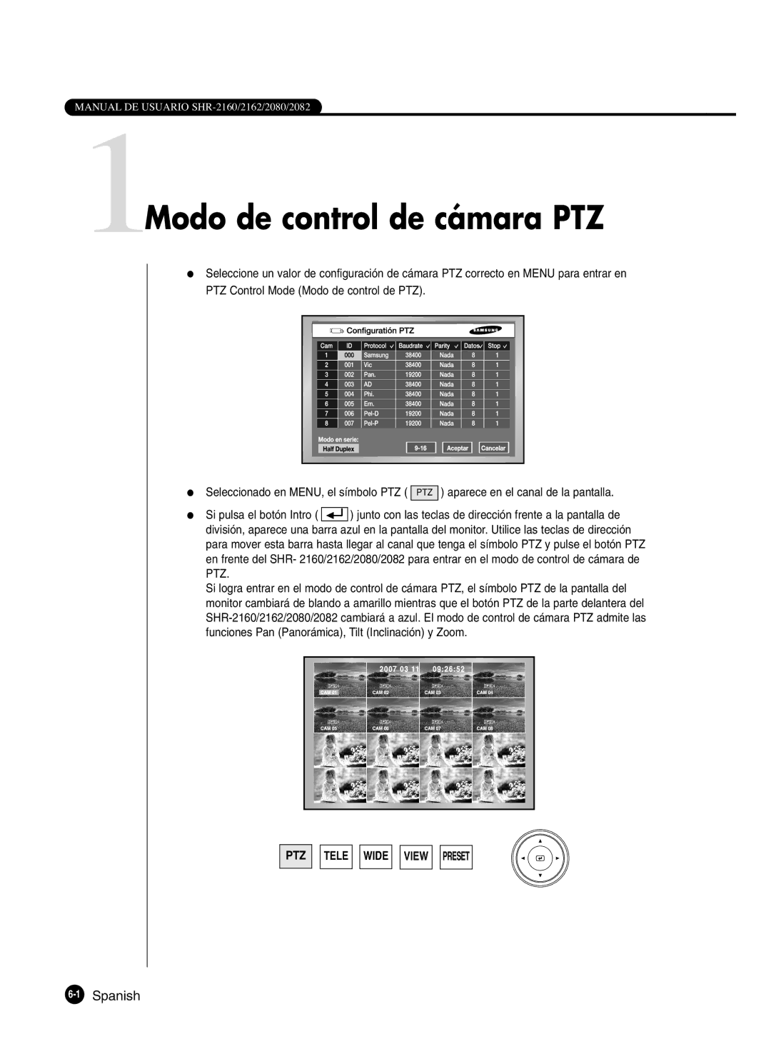 Samsung SHR-2160P2/XEC, SHR-2162P, SHR-2160P/XEC, SHR-2080P2/XEC manual 1Modo de control de cámara PTZ, 1Spanish 