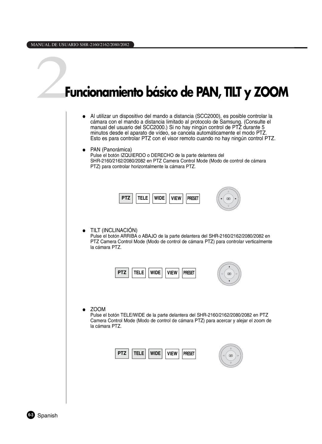 Samsung SHR-2080P2/XEC, SHR-2162P, SHR-2160P2/XEC manual 2Funcionamiento básico de PAN, Tilt y Zoom, PAN Panorámica 