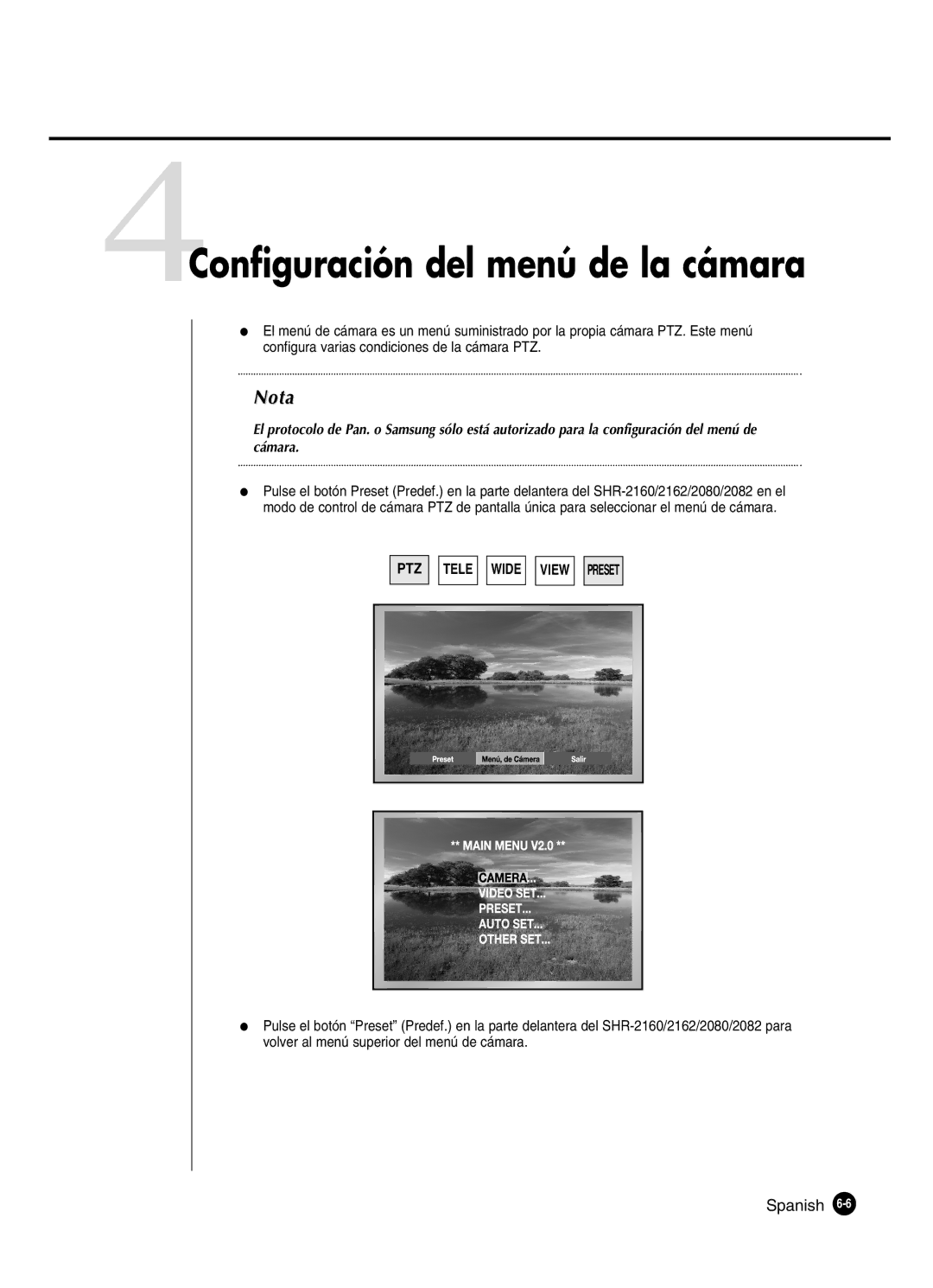 Samsung SHR-2160P2/XEC, SHR-2162P, SHR-2160P/XEC, SHR-2080P2/XEC manual 4Configuración del menú de la cámara 