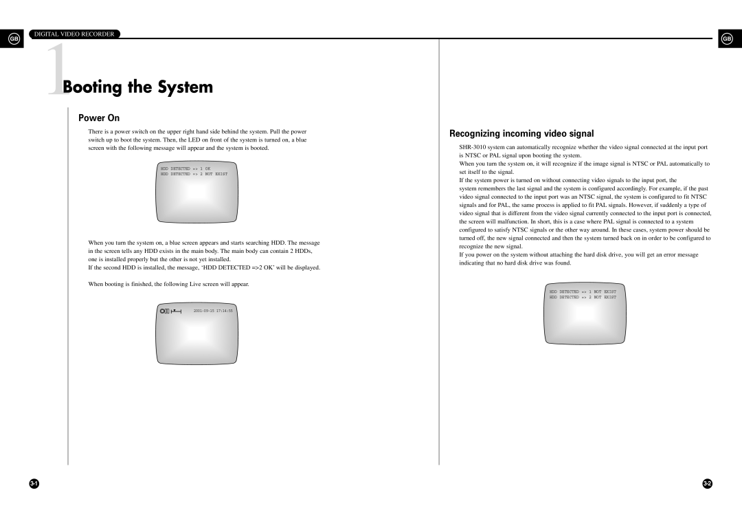 Samsung SHR-3010 user manual 1Booting the System, Power On, Recognizing incoming video signal 