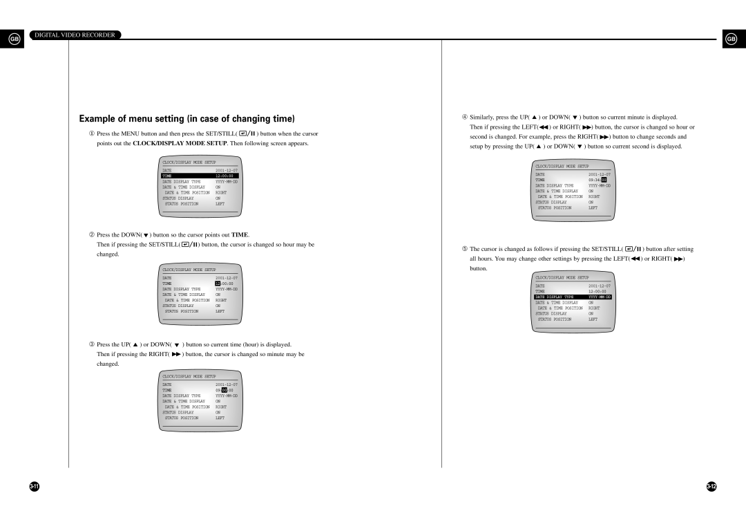 Samsung SHR-3010 Example of menu setting in case of changing time, Or Down Button so current second is displayed 