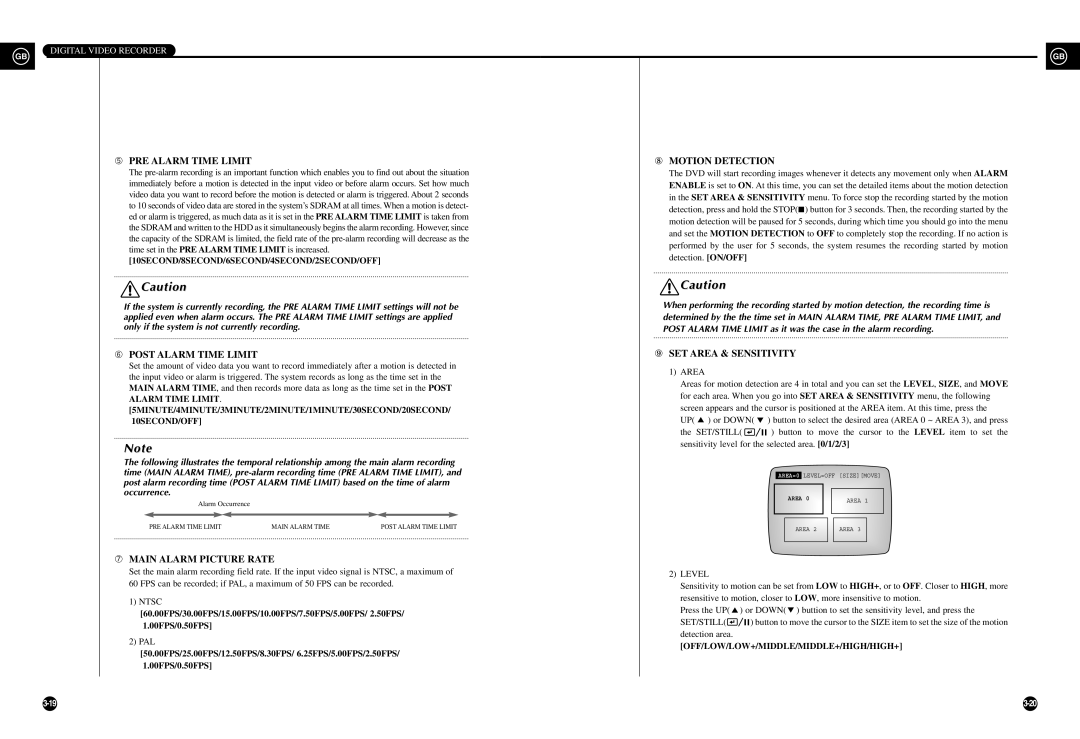 Samsung SHR-3010 user manual ➄ PRE Alarm Time Limit ⑧ Motion Detection, ➅ Post Alarm Time Limit ⑨ SET Area & Sensitivity 