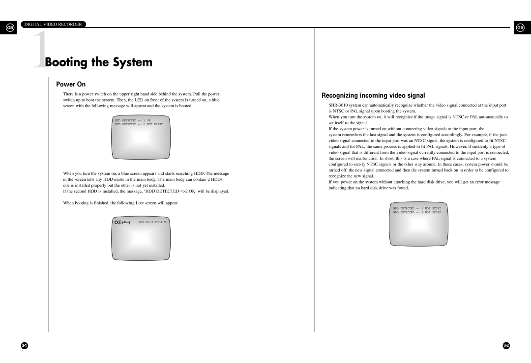 Samsung SHR-3010 user manual 1Booting the System, Power On, Recognizing incoming video signal, Digital Video Recorder 