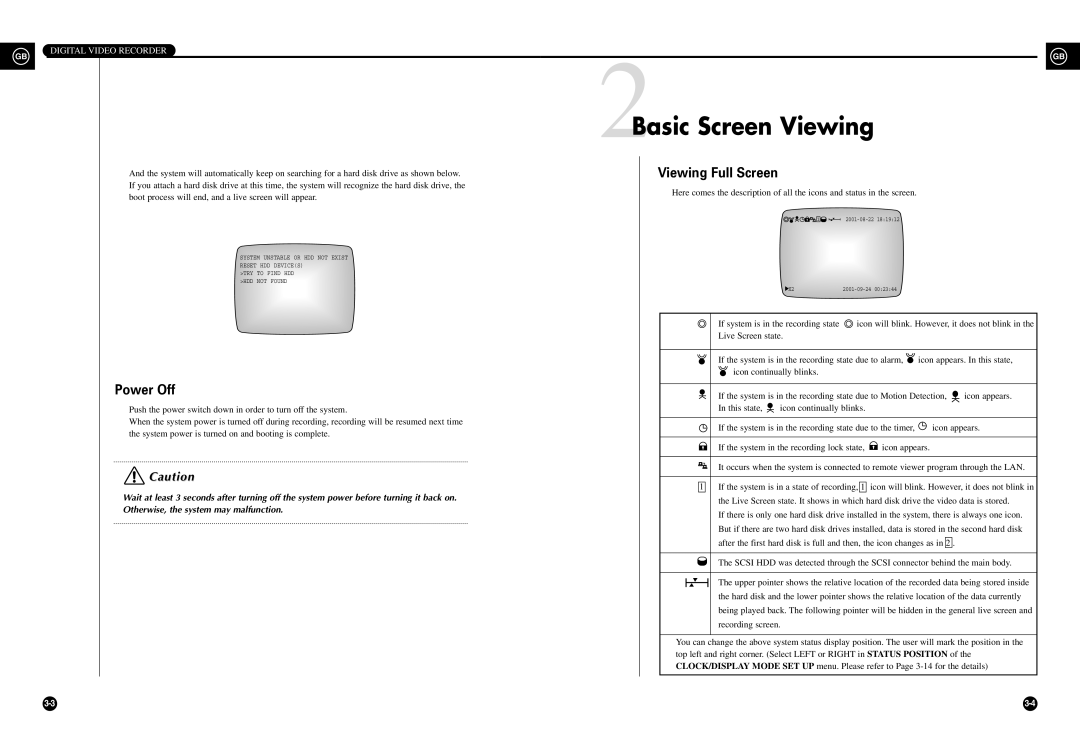 Samsung SHR-3010 user manual 2Basic Screen Viewing, Power Off, Viewing Full Screen, Digital Video Recorder 