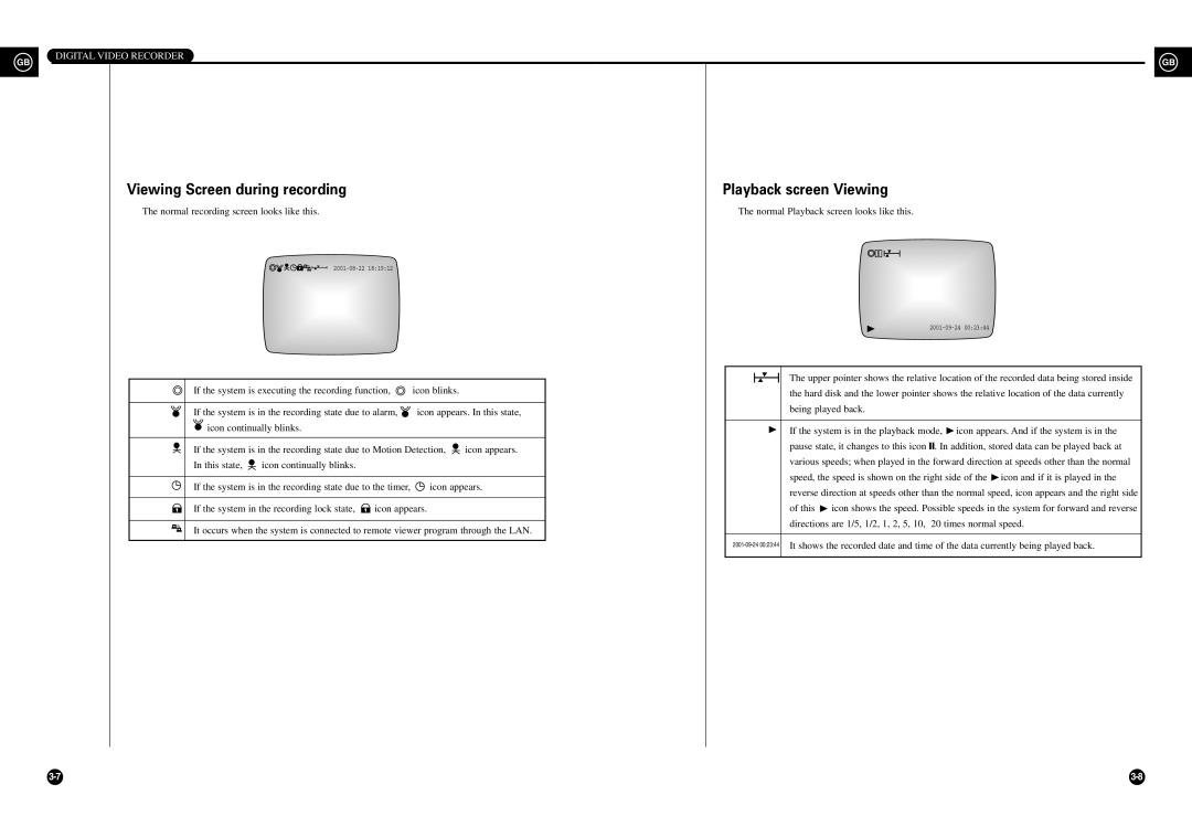 Samsung SHR-3010 user manual Playback screen Viewing, Viewing Screen during recording, Digital Video Recorder 
