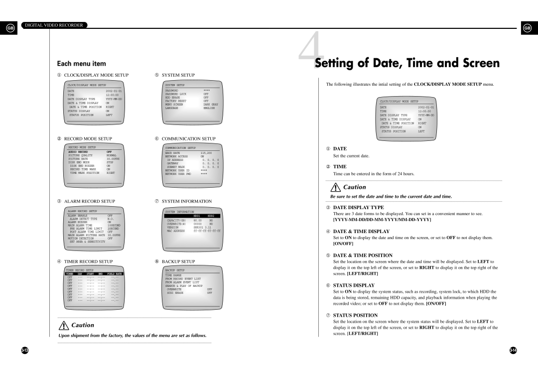 Samsung SHR-3010 Setting of Date, Time and Screen, Each menu item, ① DATE, ② TIME, ➂ DATE DISPLAY TYPE, ➅ STATUS DISPLAY 