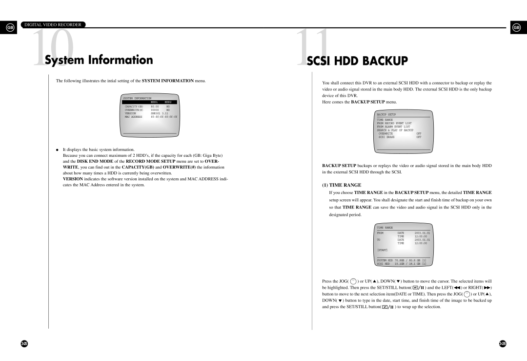 Samsung SHR-3010 user manual System Information, Time Range, 11SCSI HDD BACKUP, Digital Video Recorder, 3-26 