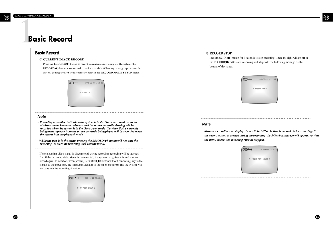 Samsung SHR-3010 user manual 1Basic Record, ② RECORD STOP, ① CURRENT IMAGE RECORD, Digital Video Recorder 