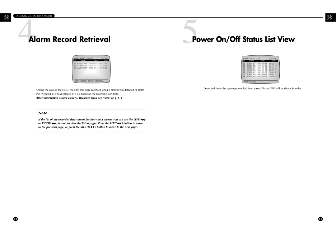 Samsung SHR-3010 user manual Alarm Record Retrieval, Power On/Off Status List View, Digital Video Recorder 