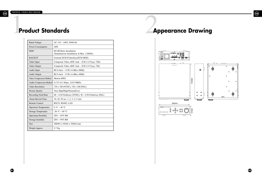 Samsung SHR-3010 user manual Product Standards, Appearance Drawing, Digital Video Recorder, Video Compression Method 