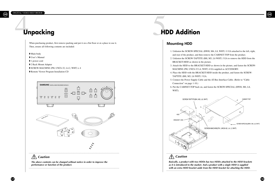 Samsung SHR-3010 user manual Unpacking, HDD Addition, Mounting HDD, Digital Video Recorder 