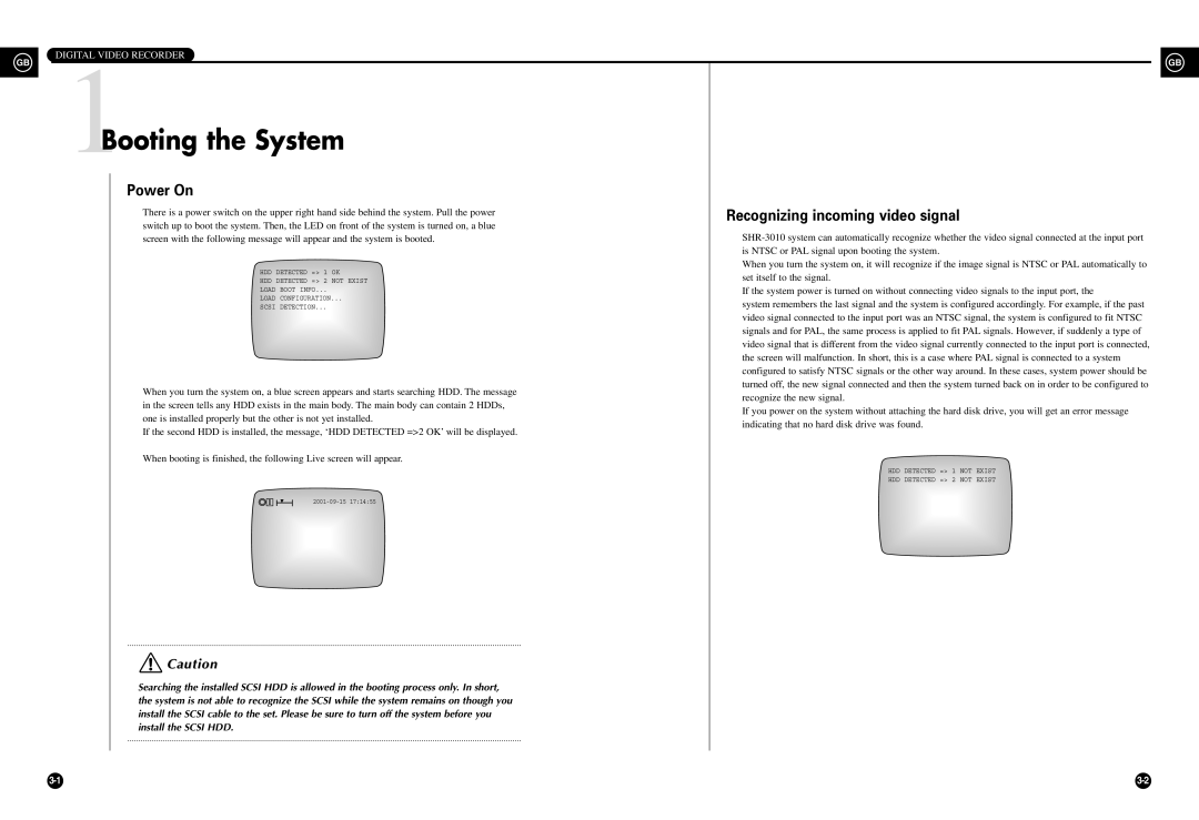 Samsung SHR-3010P manual 1Booting the System, Power On, Recognizing incoming video signal 