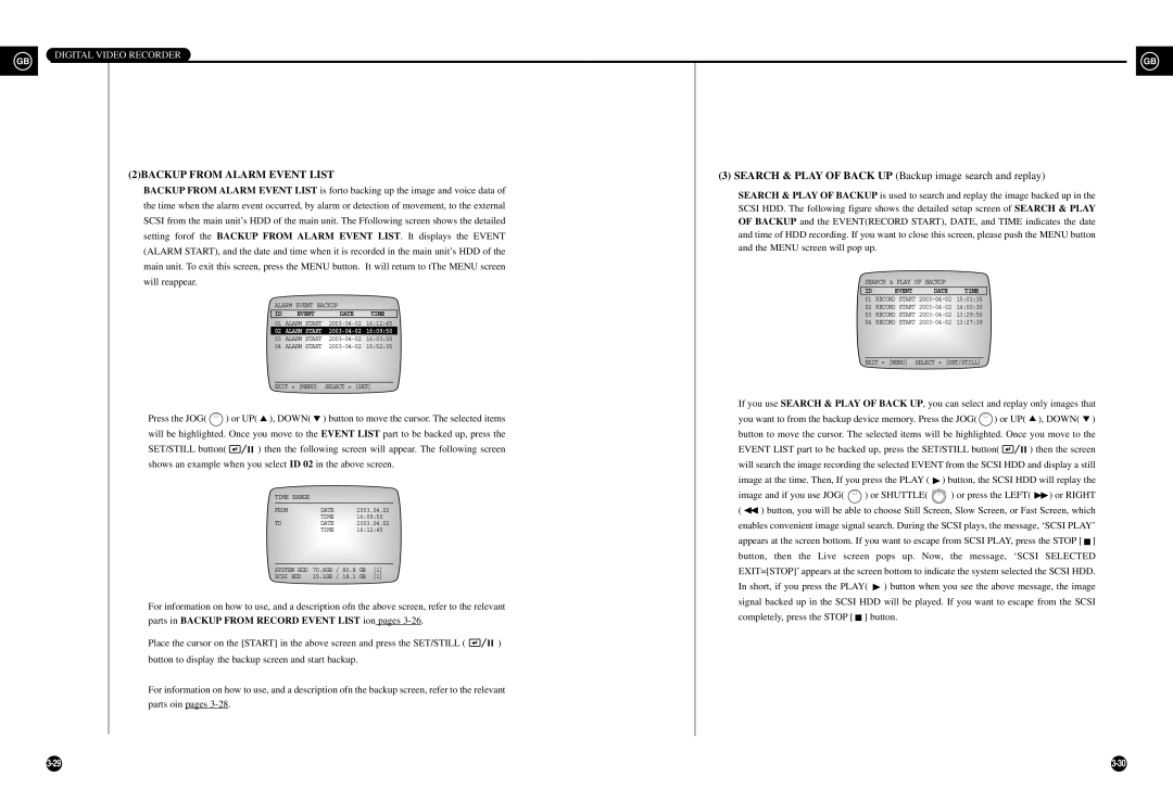 Samsung SHR-3010P manual 2BACKUP from Alarm Event List, Search & Play of Back UP Backup image search and replay 