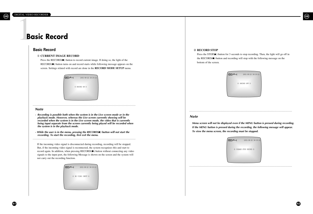 Samsung SHR-3010P manual 1Basic Record, ② Record Stop ① Current Image Record 