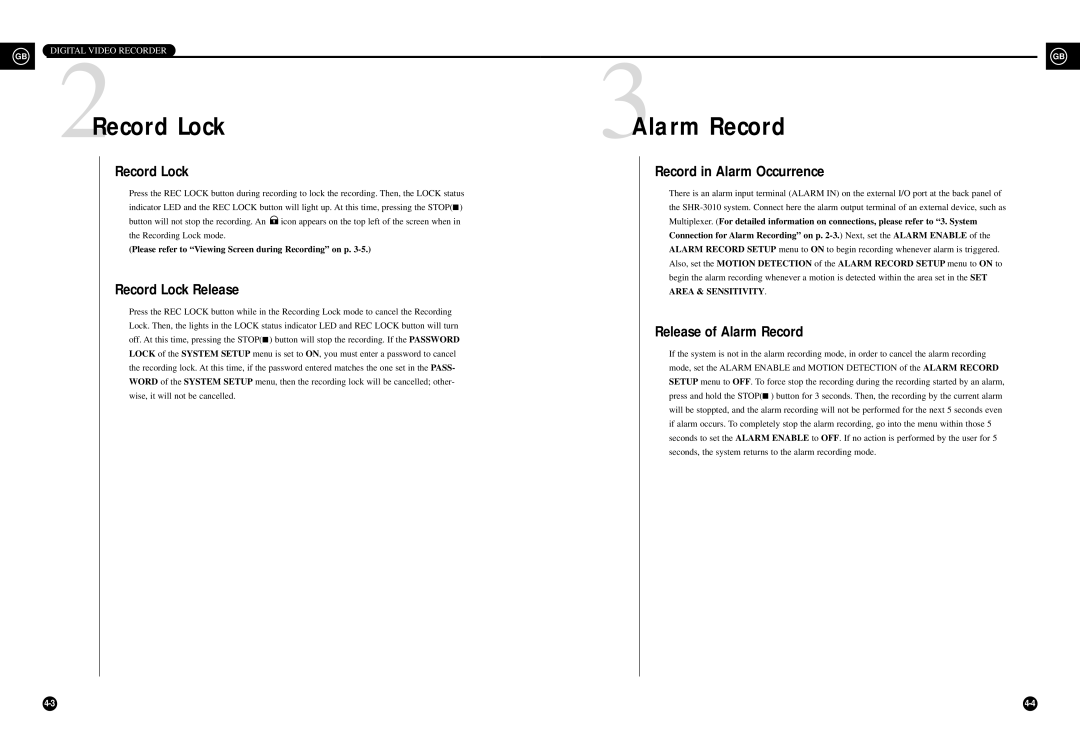 Samsung SHR-3010P manual Record Lock Alarm Record, Record Lock Release, Record in Alarm Occurrence, Release of Alarm Record 