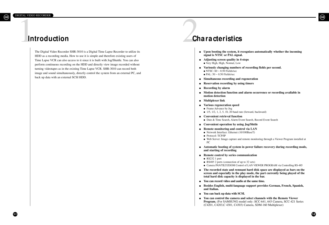 Samsung SHR-3010P/RUS manual Introduction Characteristics, Variously changing numbers of recording fields per second 