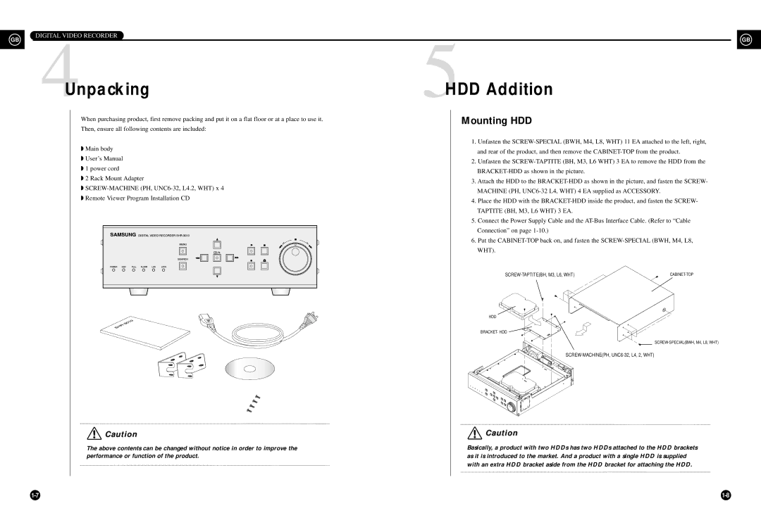 Samsung SHR-3010P/RUS manual Unpacking HDD Addition, Mounting HDD 