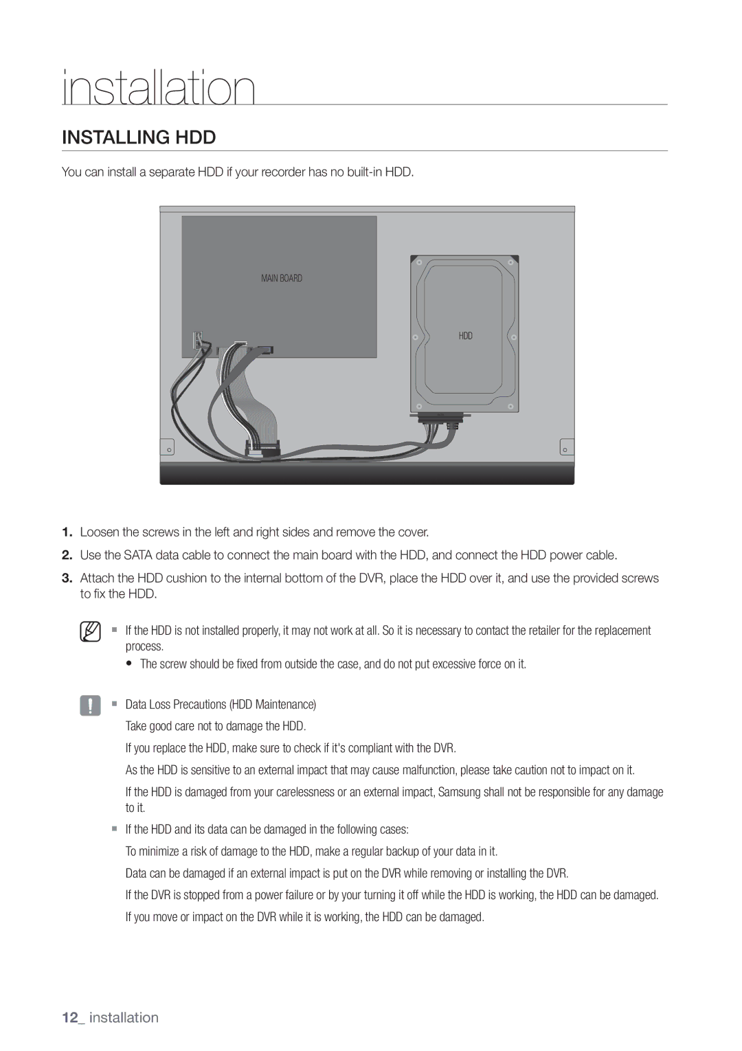 Samsung SHR-3040P manual Installing HDD 