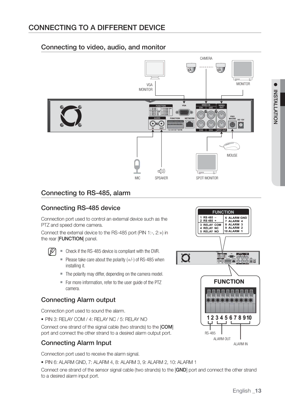 Samsung SHR-3040P Connecting to a Different Device, Connecting to video, audio, and monitor, Connecting to RS-485, alarm 