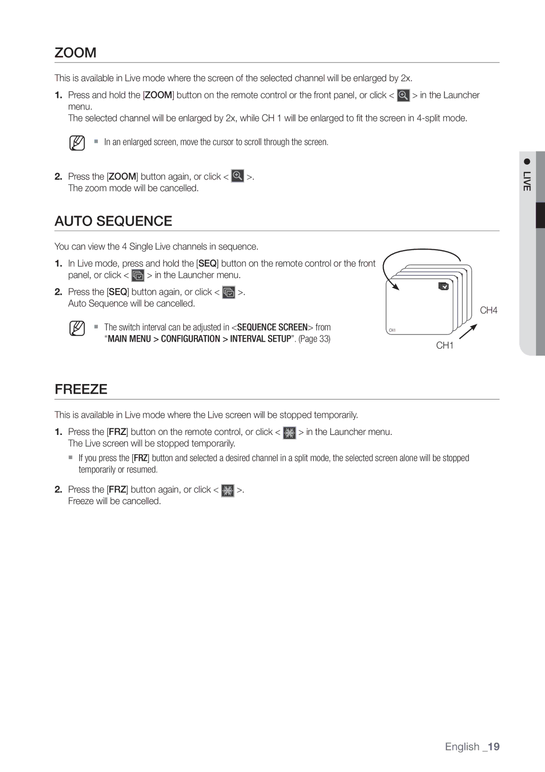 Samsung SHR-3040P manual Zoom, Auto Sequence, Freeze, CH4 CH1 