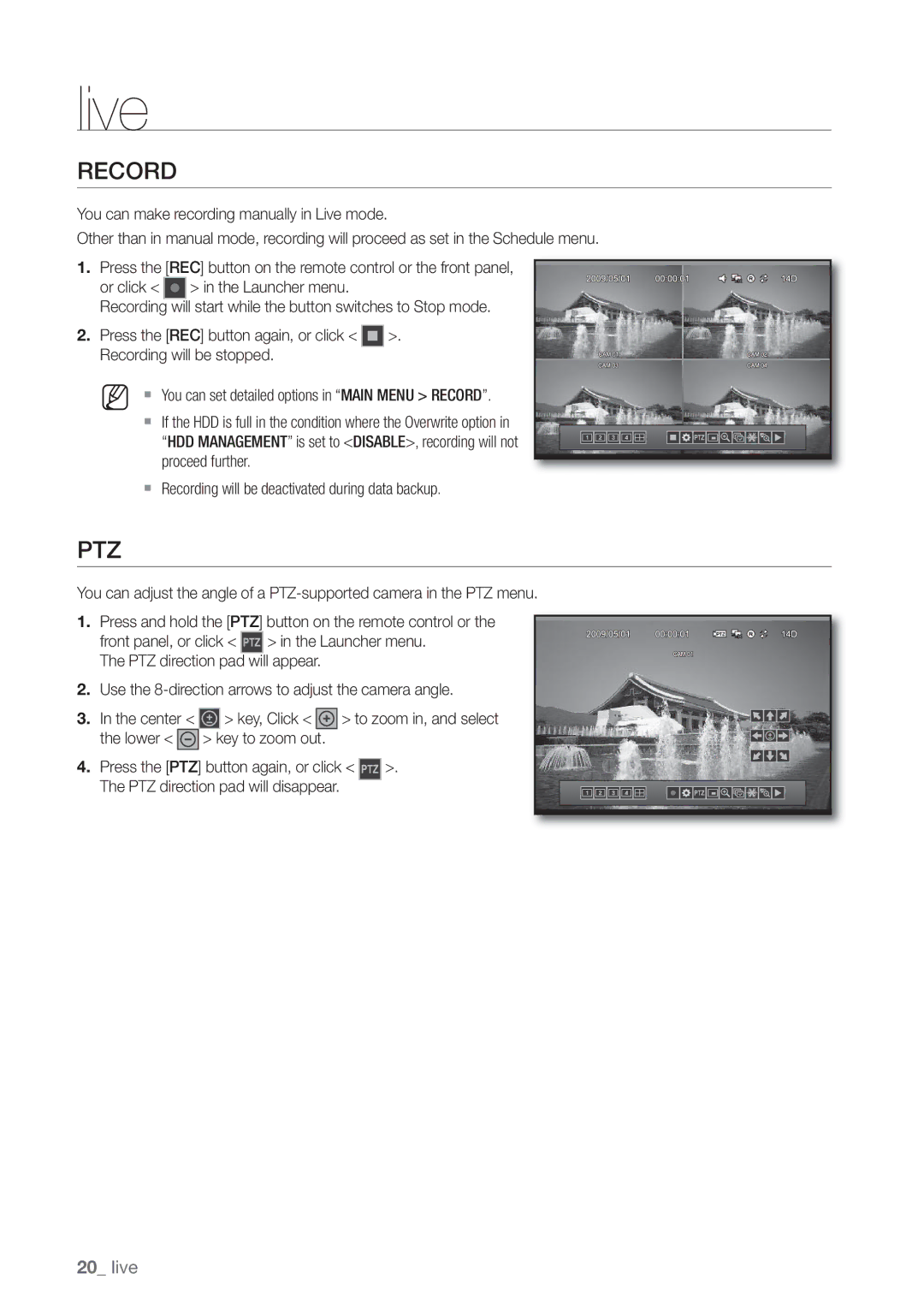 Samsung SHR-3040P manual Record, Ptz 