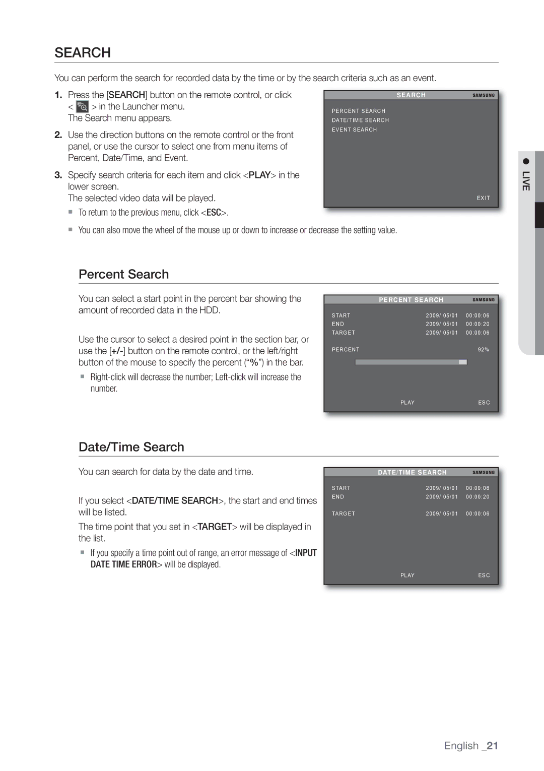 Samsung SHR-3040P manual Percent Search, Date/Time Search, Search menu appears 