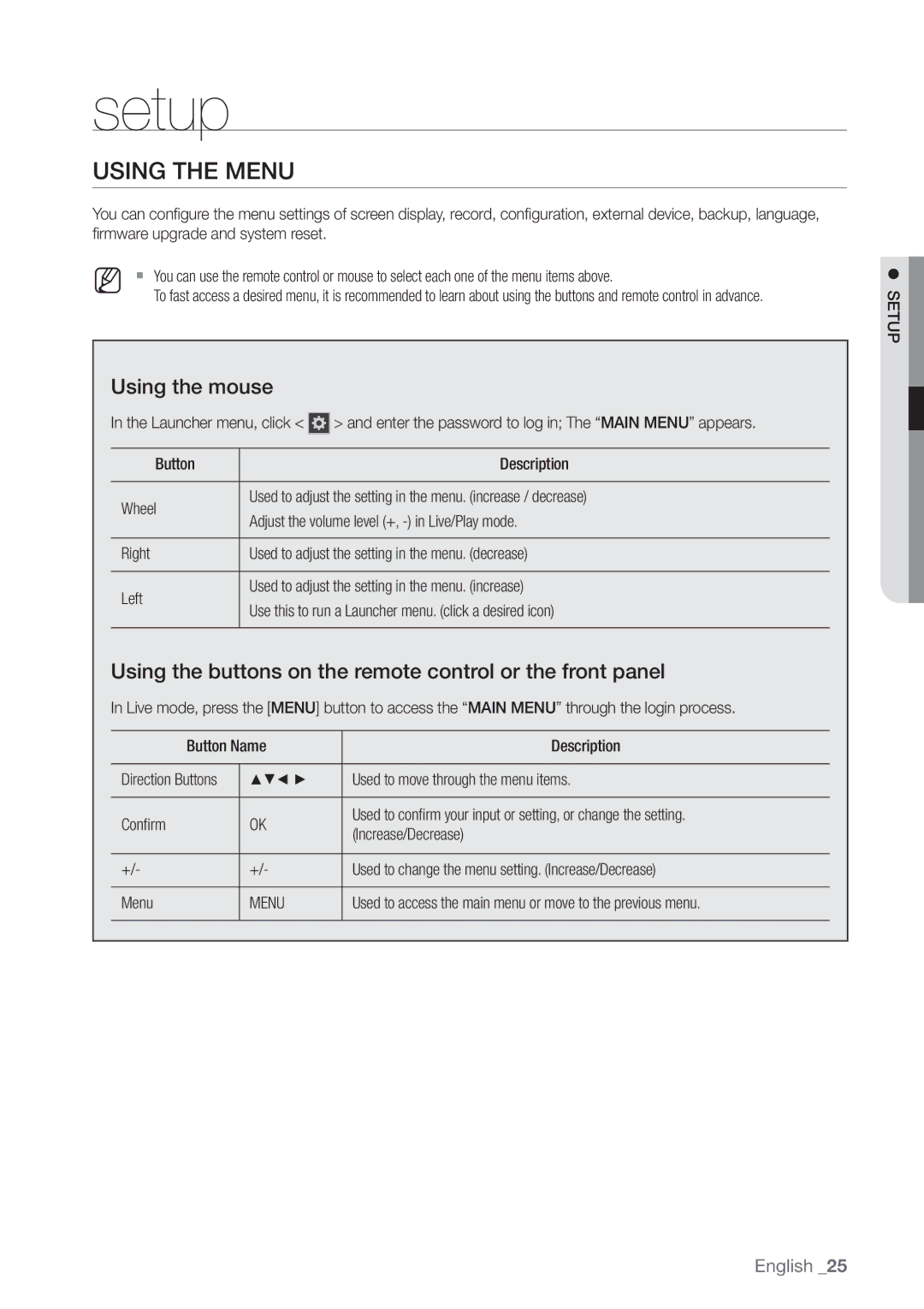 Samsung SHR-3040P Using the Menu, Using the mouse, Using the buttons on the remote control or the front panel,  Setup 