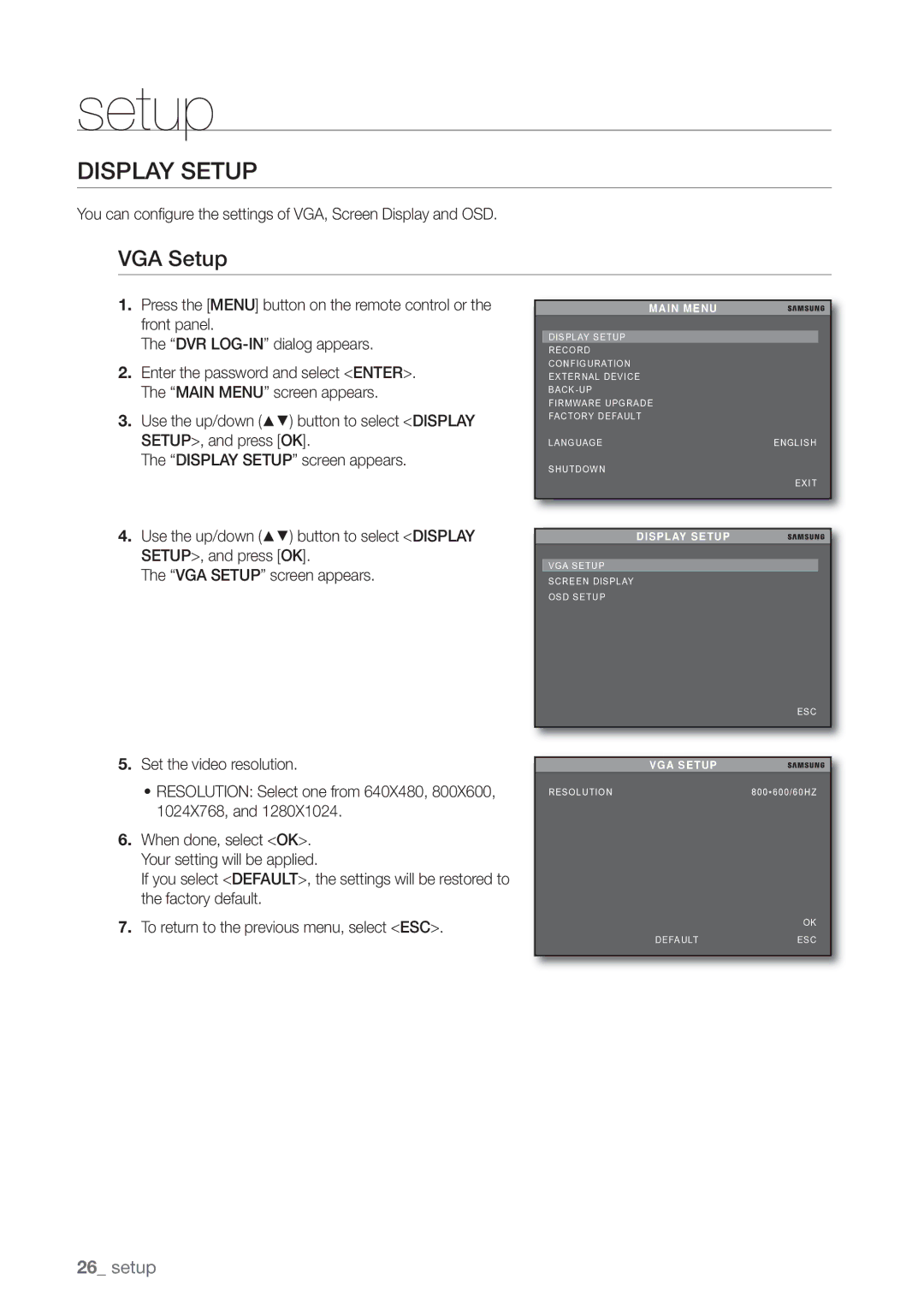 Samsung SHR-3040P manual Display Setup, VGA Setup, Main Menu 