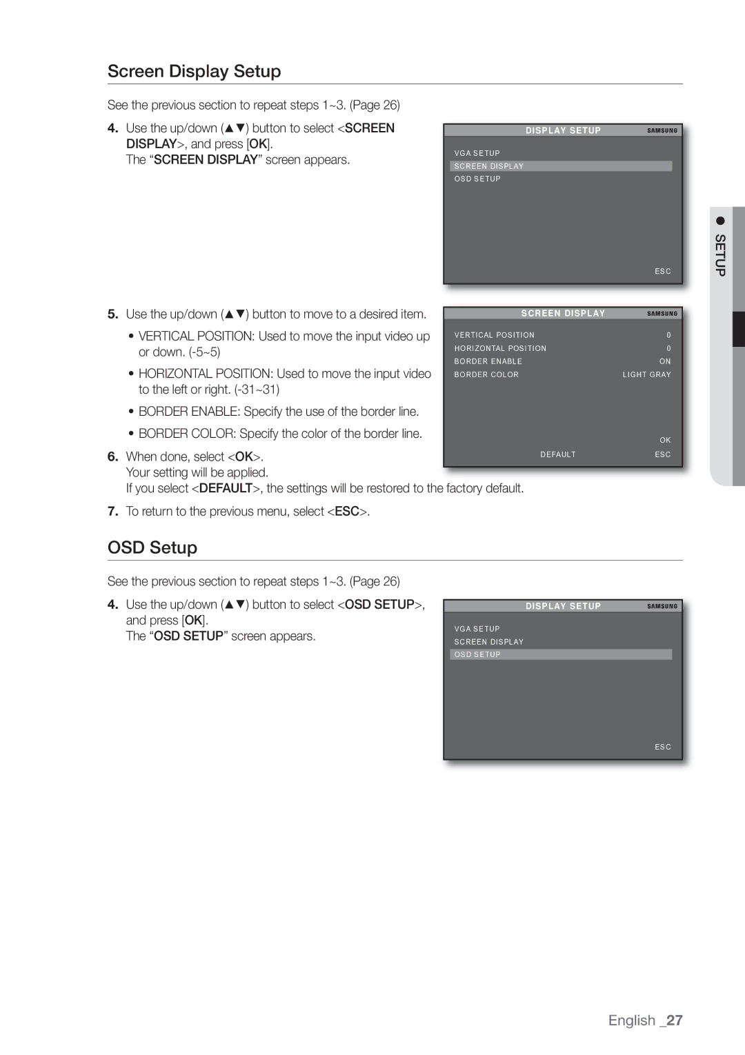 Samsung SHR-3040P manual Screen Display Setup, OSD Setup 